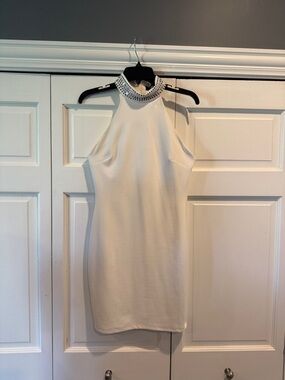Lulu's White Halter Mini Dress with Embellished Collar